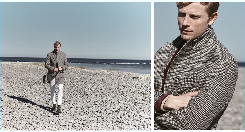 Belgian model Arnaud Lemaire dons a fall-winter 2018 look from Brunello Cucinelli.
