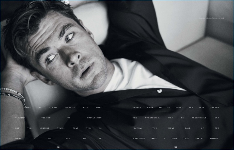 Relaxing, Chris Hemsworth stars in a BOSS spread for Esquire Singapore.