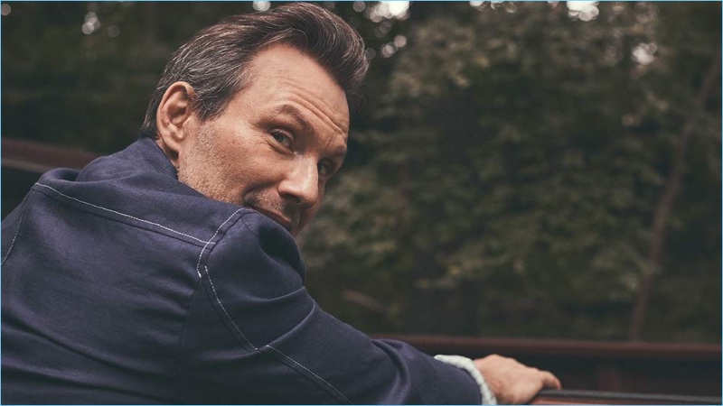 Christian Slater wears an Oliver Spencer linen bomber jacket.