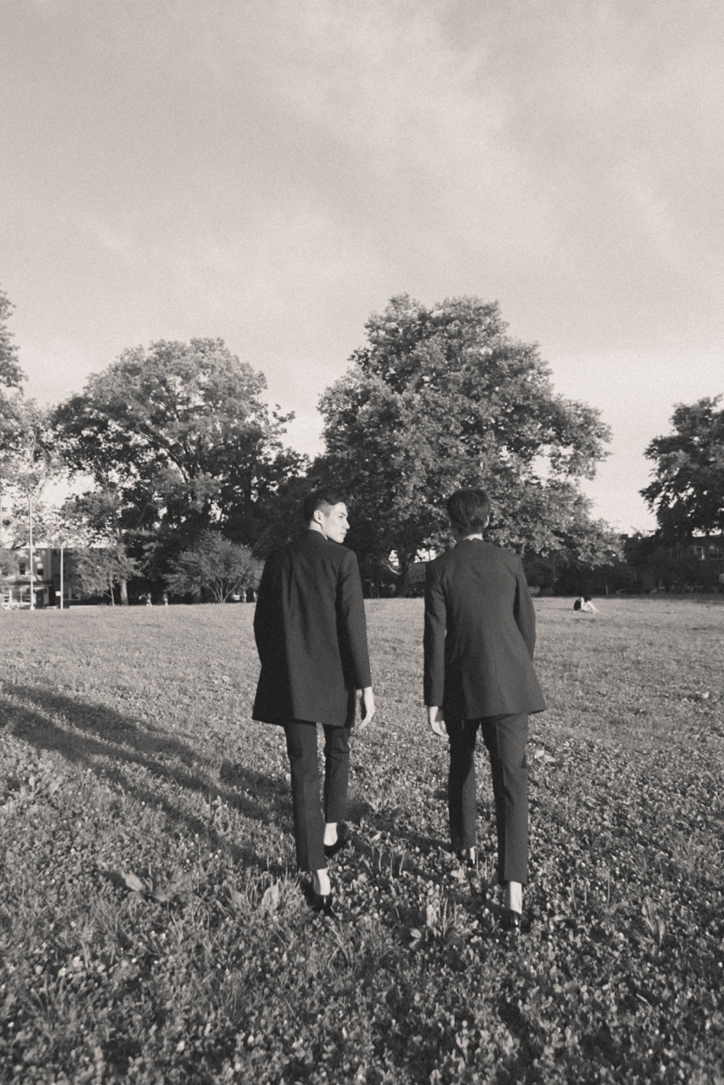 Left: Minhong wears coat Paul Smith and pants EDENCH. Right: Wonjung wears all clothes EDENCH.