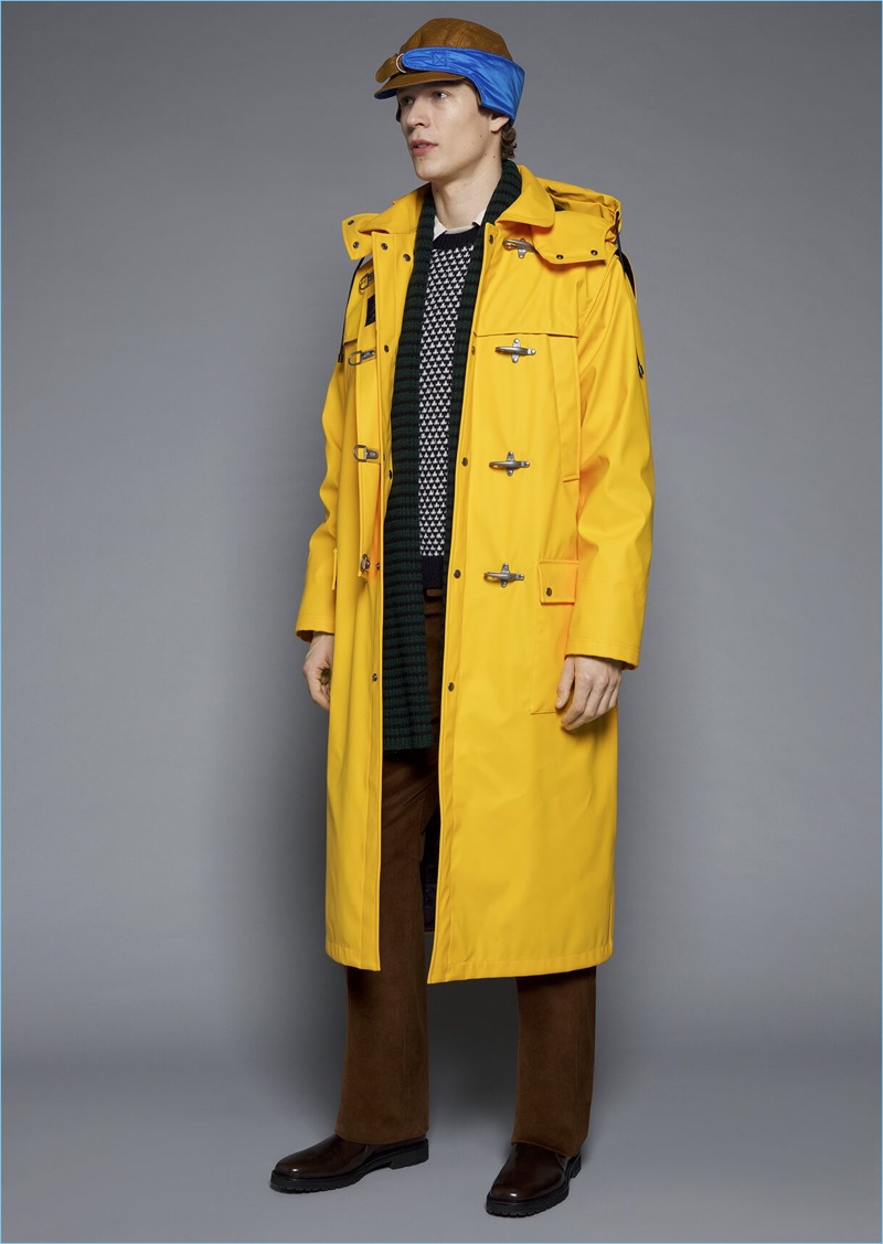 Sven de Vries stands out in a yellow parka from Fay's fall-winter 2018 collection.