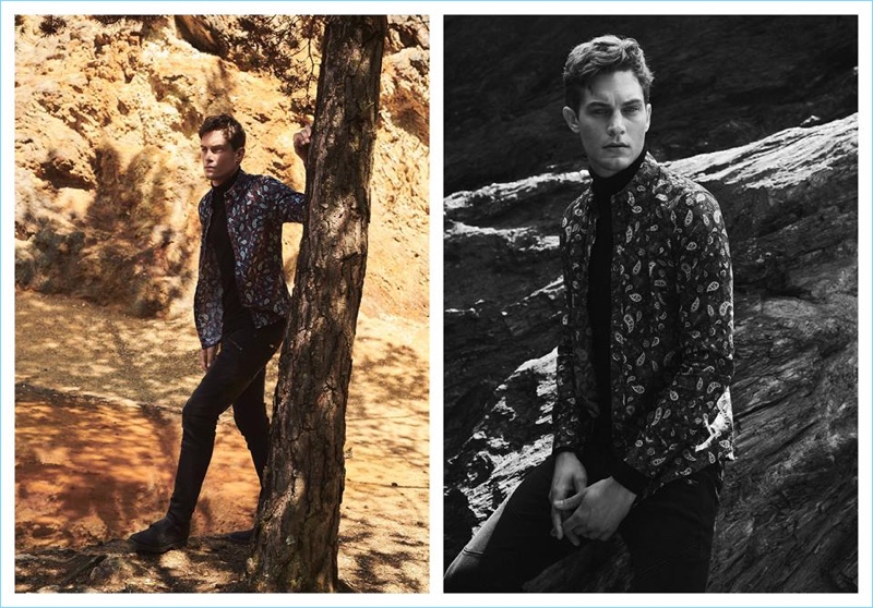 Sporting a paisley print shirt, Greg Nawrat appears in Medicine's fall-winter 2018 campaign.