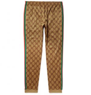 Gucci - Webbing-Trimmed Logo-Print Tech-Jersey Sweatpants - Men - Brown Gucci - Webbing-Trimmed Logo-Print Tech-Jersey Sweatpants - Brown