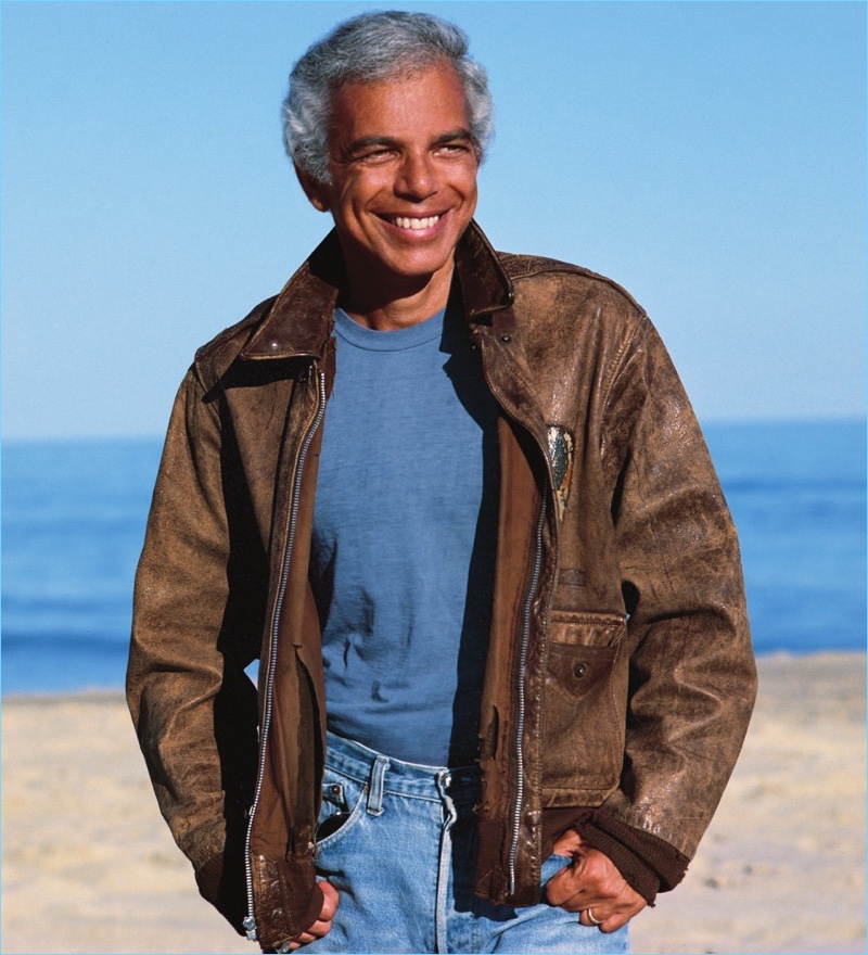 A smiling Ralph Lauren takes to the beach.