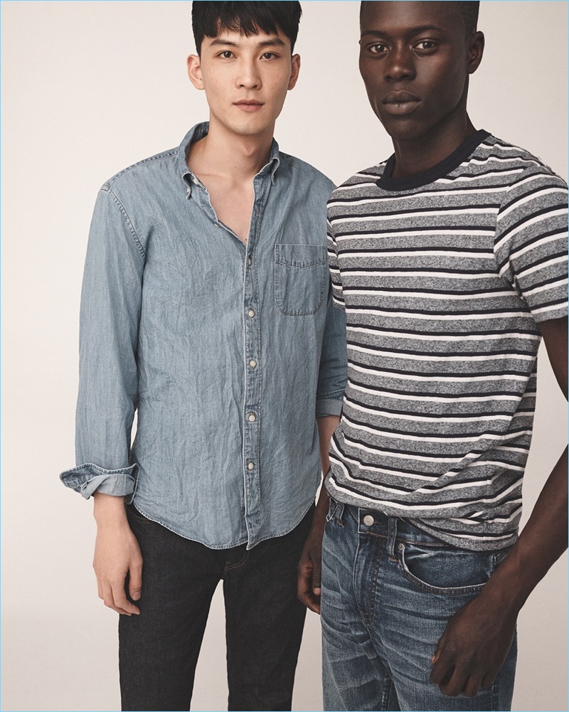 Left: InHyuk Yeo sports a J.Crew denim shirt and 770 straight-fit jeans. Right: Alpha Dia wears a J.Crew striped t-shirt and 1040 athletic-fit jeans.