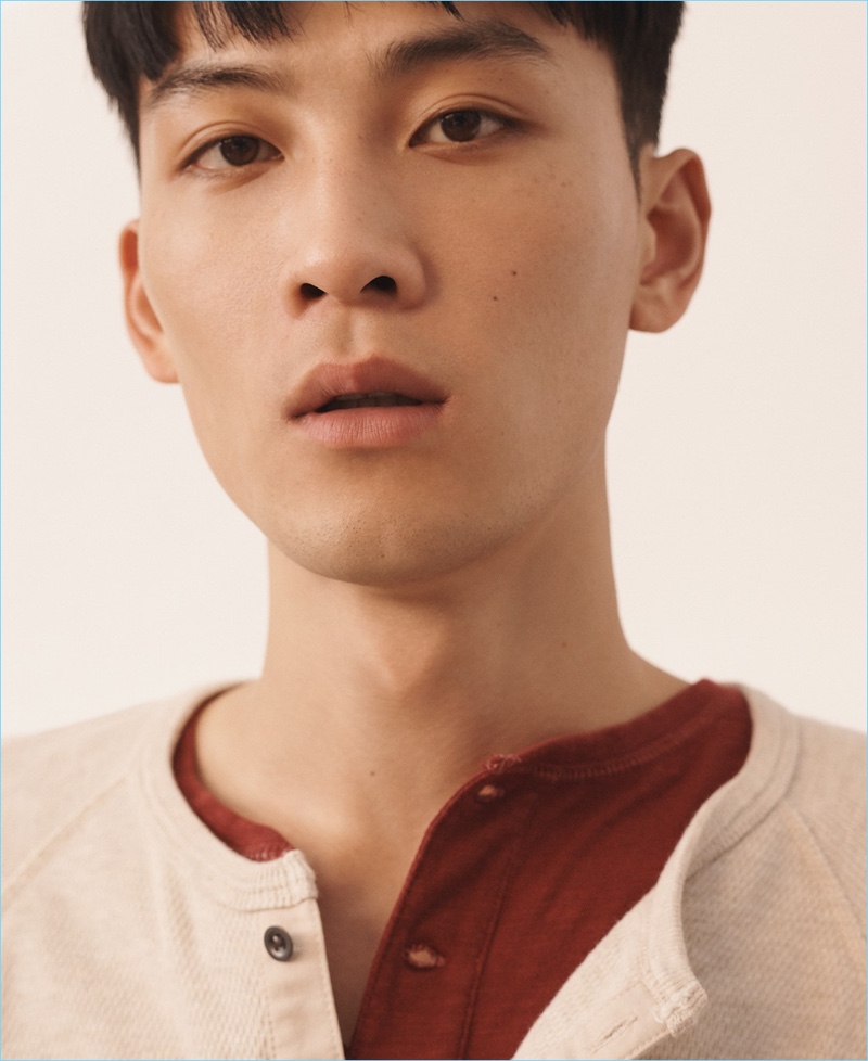 Beach Thermal: InHyuk Yeo wears a J.Crew beach thermal henley and garment-dyed slub cotton henley.