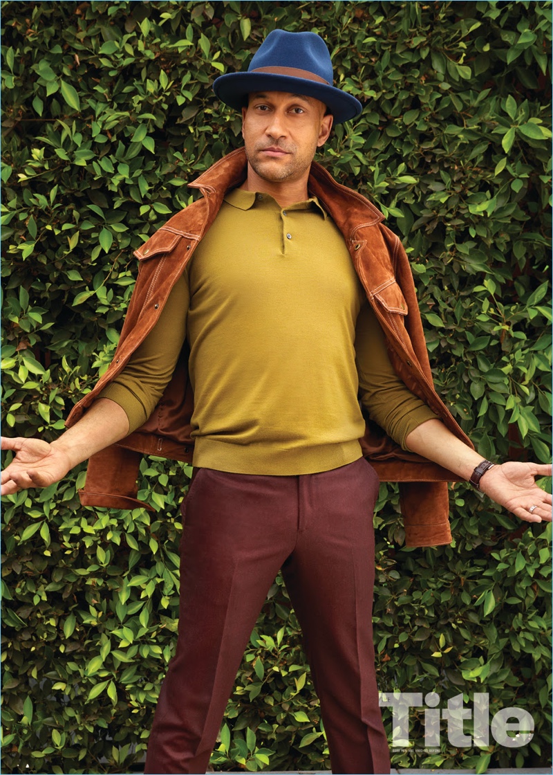 Front and center, Keegan-Michael Key wears a Topman jacket, COS polo, Eidos Napoli pants, and a Goorin Bros. hat. 