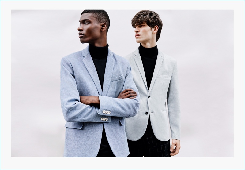 Rachide Embaló and Justin Eric Martin model smart sports coats and turtleneck sweaters from Lefties.