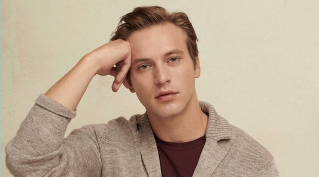 In With the New: Jules Raynal Dons Mango Man's Latest Arrivals A smart vision, Jules Raynal sports a Mango Man cardigan, tee, pants, and sneakers.