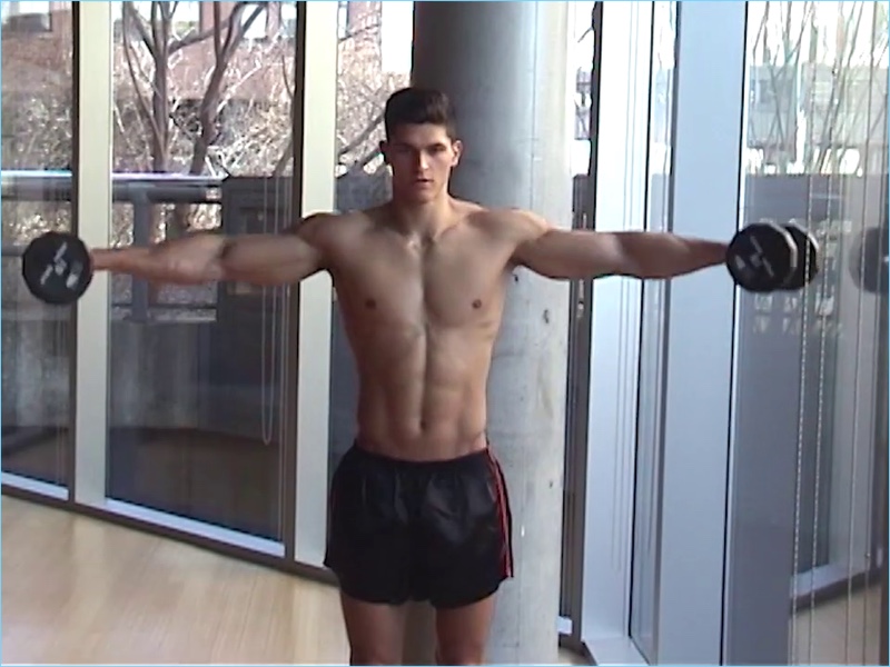 Model Trevor Signorino works out with Vogue Hommes Paris.