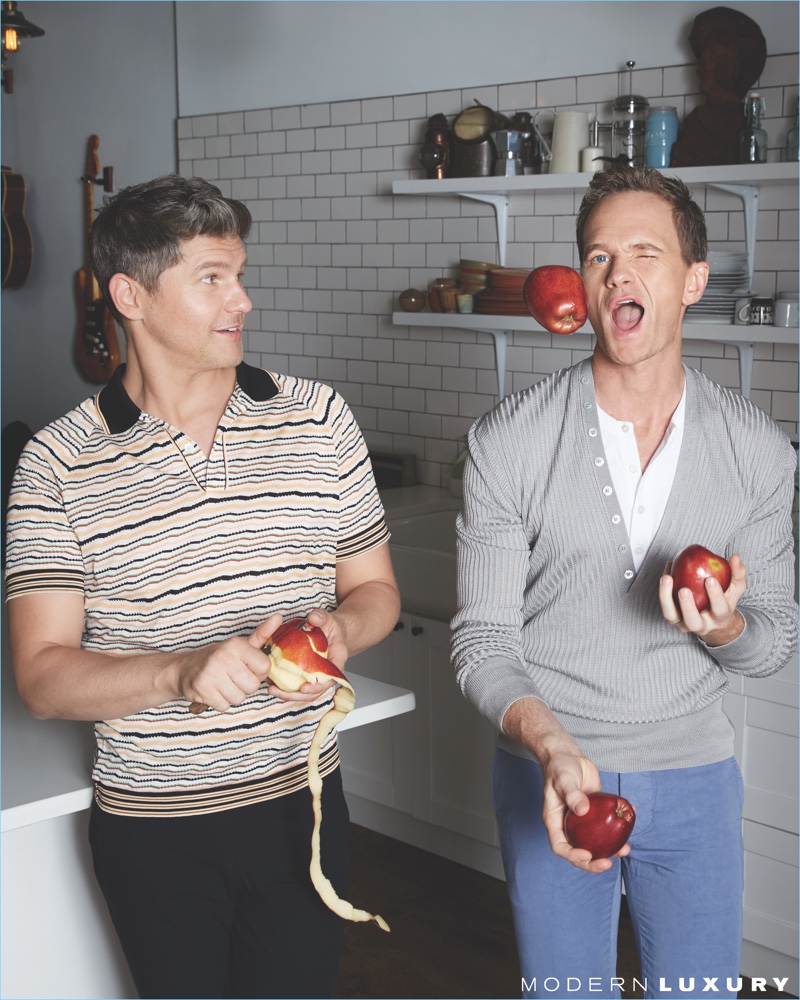 Juggling apples, David Burtka and Neil Patrick Harris take to the kitchen. Burtka wears a Prada polo and A.P.C. pants. Meanwhile, Harris dons Tom Ford henley shirts with Officine Generale pants. » Neil Patrick Harris & David Burtka Cover Hamptons Magazine Juggling apples, David Burtka and Neil Patrick Harris take to the kitchen. Burtka wears a Prada polo and A.P.C. pants. Meanwhile, Harris dons Tom Ford henley shirts with Officine Generale pants.