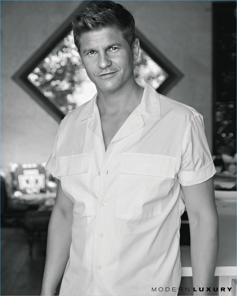 Sporting Stella McCartney, David Burtka appears in a photo shoot.