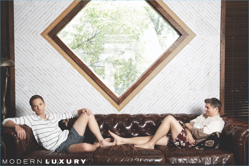Couple Neil Patrick Harris and David Burtka relax. Harris sports a Life/After/Denim hoodie with Selected Homme swim shorts. Meanwhile, Burtka wears a Brunello Cucinelli sweater and Saturdays NYC swim shorts. » Neil Patrick Harris & David Burtka Cover Hamptons Magazine Couple Neil Patrick Harris and David Burtka relax. Harris sports a Life/After/Denim hoodie with Selected Homme swim shorts. Meanwhile, Burtka wears a Brunello Cucinelli sweater and Saturdays NYC swim shorts.