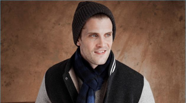 William Eustace Stays Warm in Cashmere from Neiman Marcus Collection Embracing collegiate style, William Eustace rocks a Neiman Marcus cashmere baseball jacket.