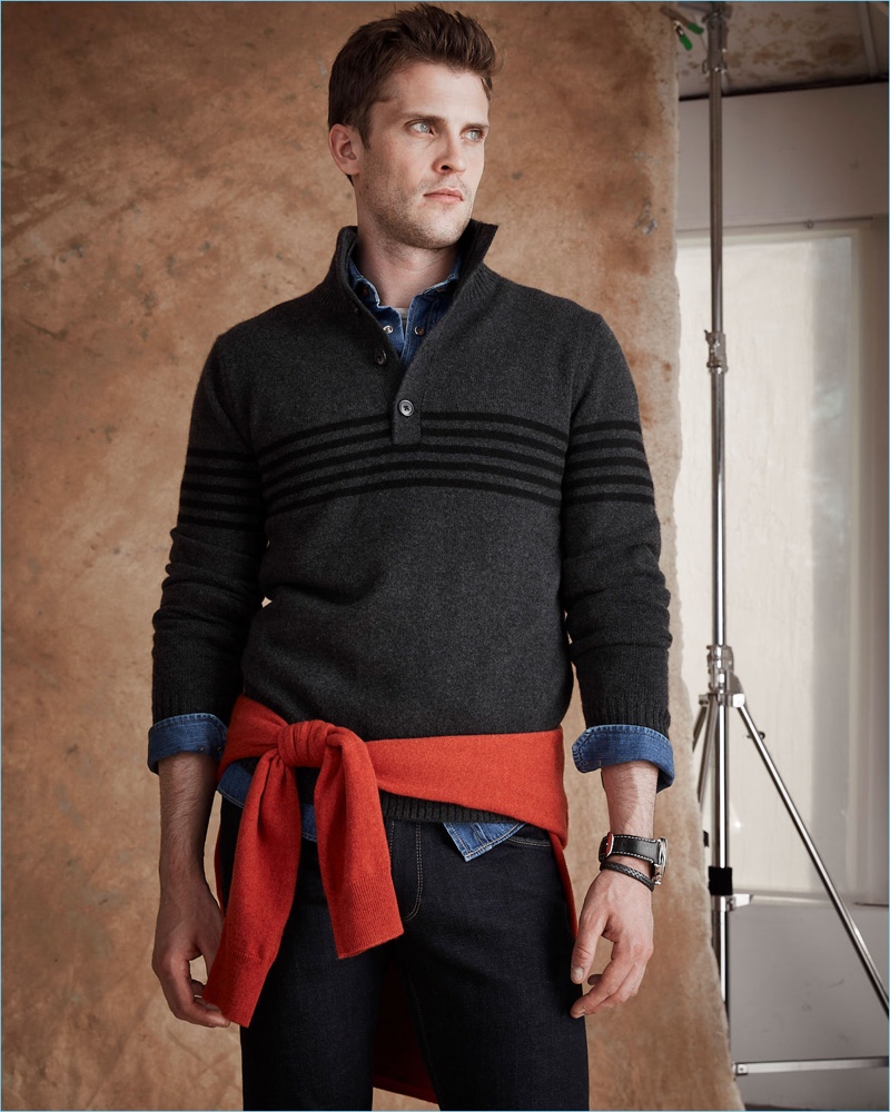 Layering for fall, William Eustace sports a Neiman Marcus horizontal striped cashmere sweater.