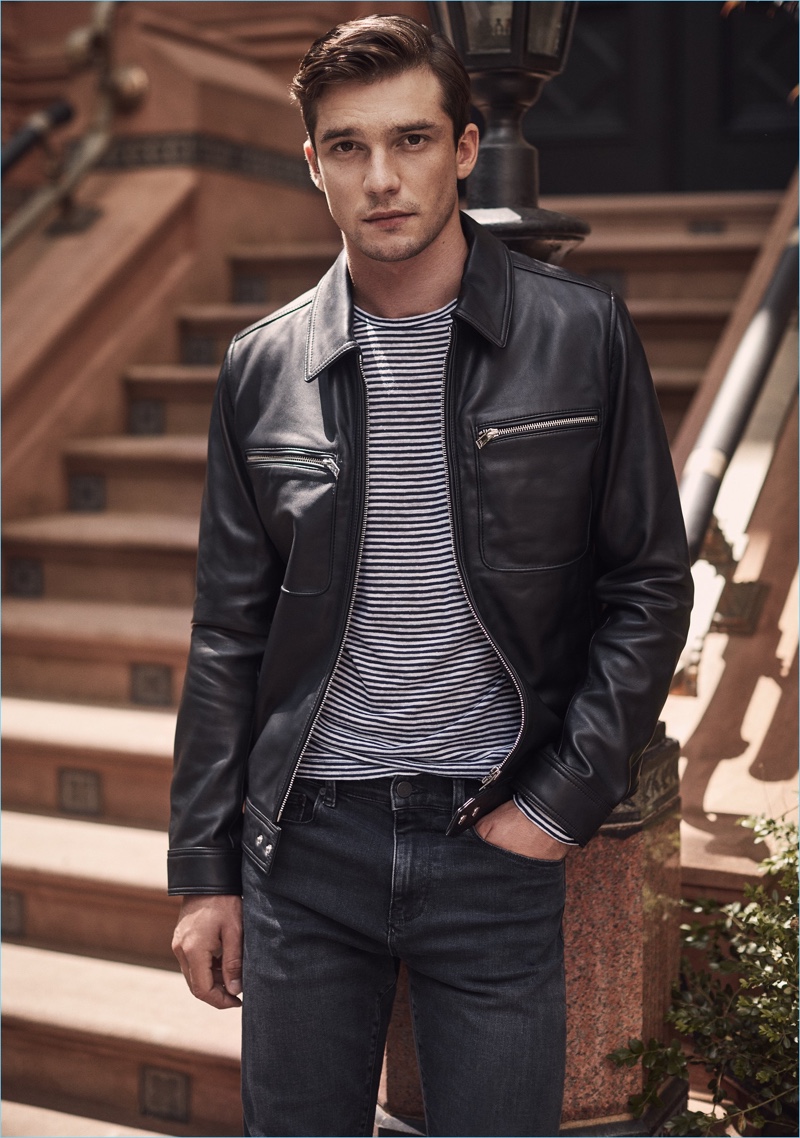 The New Leather Jacket: Alexis Petit models a Reiss leather jacket with a striped t-shirt.