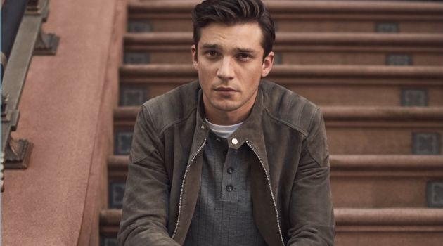 Reiss Unveils Guide to Trans-Seasonal Style A Shade of Suede: Alexis Petit wears a Reiss suede quilted jacket, ribbed henley, white jeans, and leather boots.