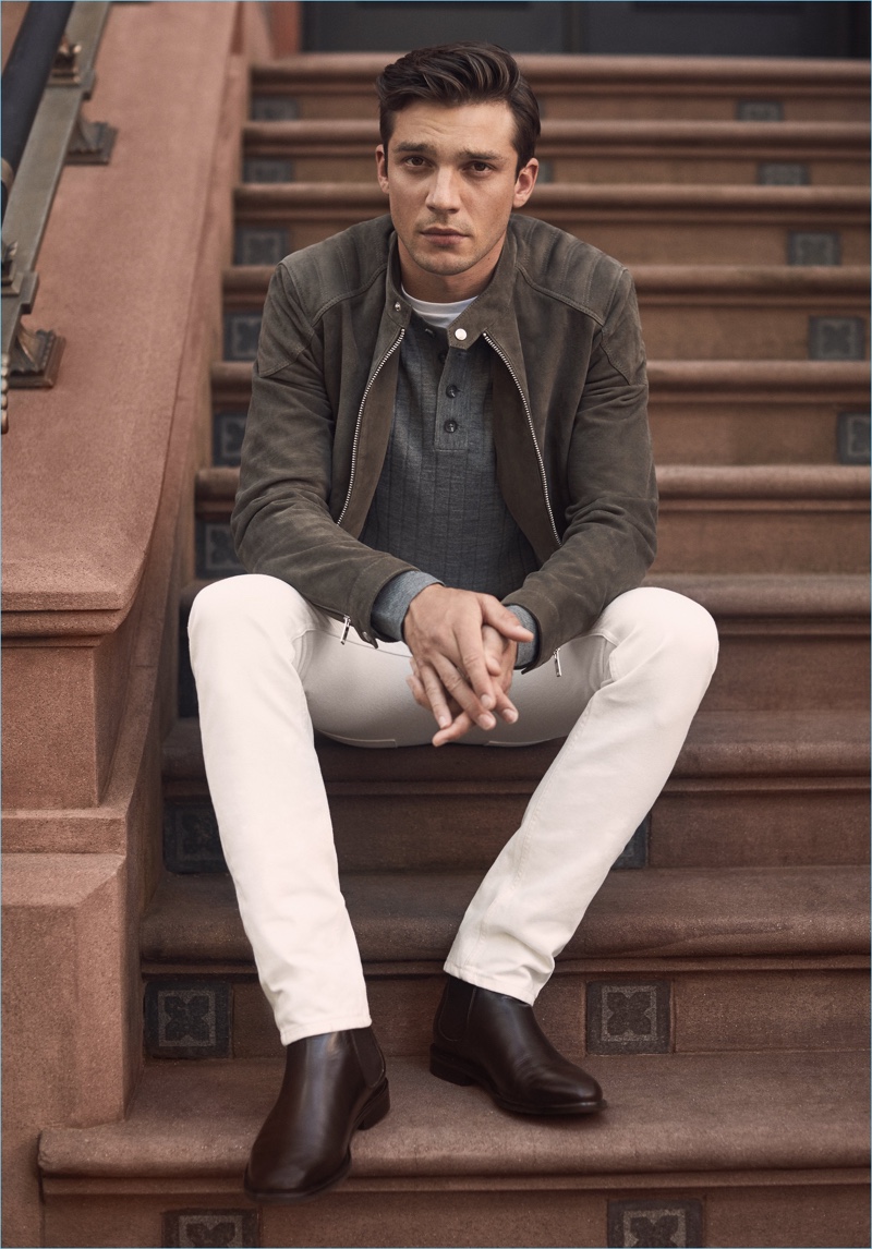 REISS showcases the versatility of white jeans, styling the staple with a henley and suede jacket.