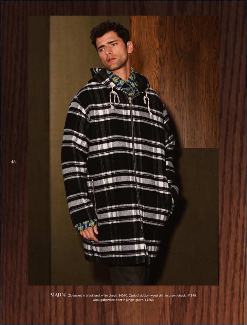 Making a case for checks, Sean O'Pry dons an oversized Marni jacket.