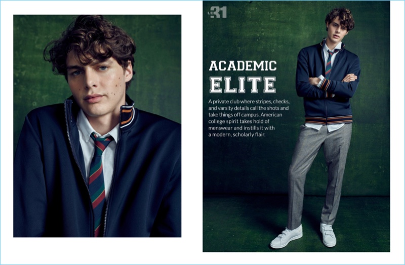 Darwin Gray wears a track jacket, oxford shirt, and trousers by LE 31. He also sports an Atkinsons tie and Adidas Originals sneakers.