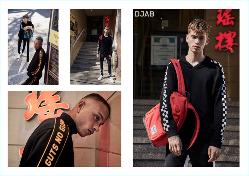 Tyler Wright wears a DJAB slogan track jacket. Meanwhile, Jeremy Ruehlemann sports a DJAB accent check hoodie and stripe track pants.