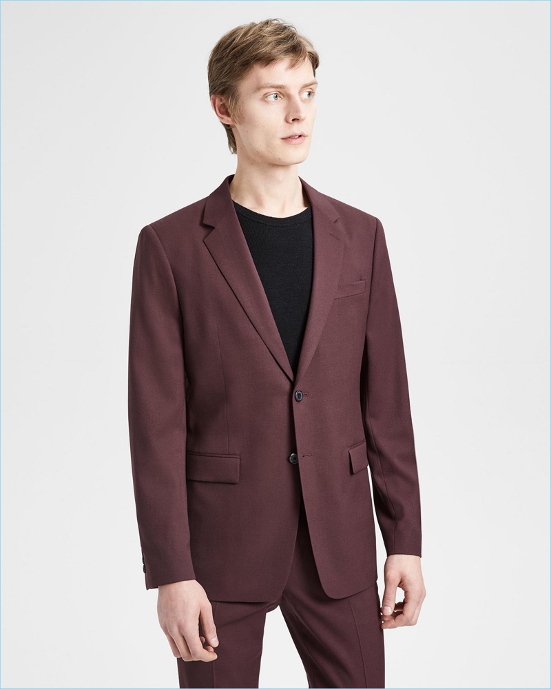 Janis Ancens models Theory's Good Wool suit in malbec.