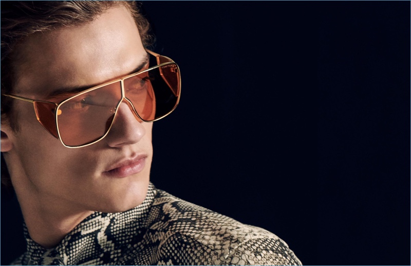 Model Serge Rigvava dons sunglasses for Tom Ford's fall-winter 2018 men's campaign.