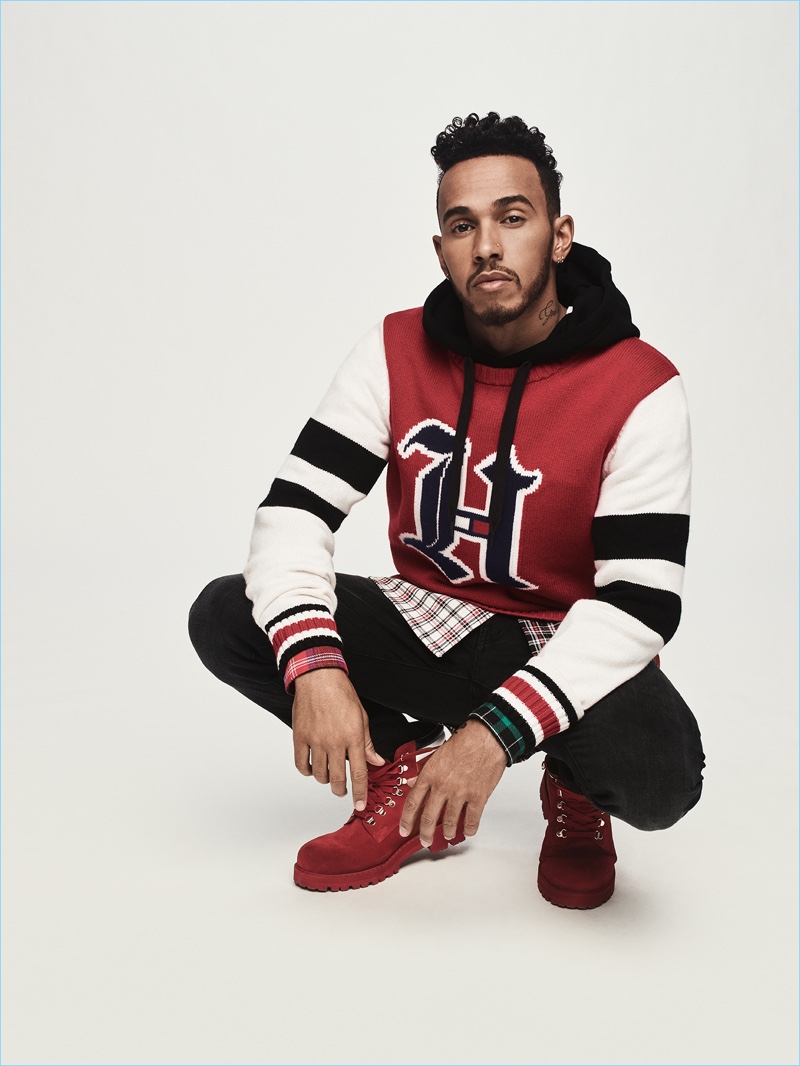 Lewis Hamilton wears a look from his fall-winter 2018 collaboration with Tommy Hilfiger.