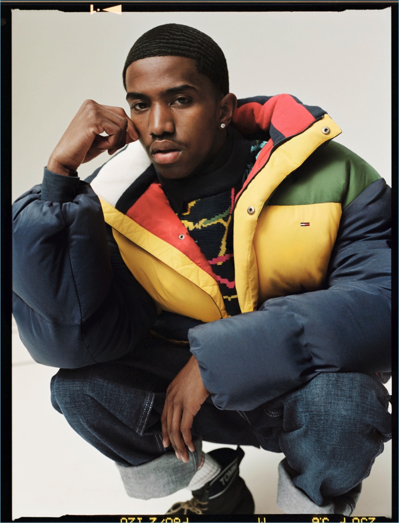 Sporting a puffer jacket, Christian Combs appears in Tommy Jeans' fall-winter 2018 campaign.