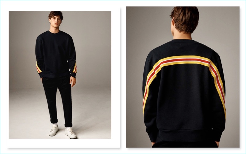 Playing it casual, Louis Baines wears black taping sweater with white lace sneakers from Topman. » Life of Leisure: Louis Baines Goes Casual in Topman Essentials Playing it casual, Louis Baines wears black taping sweater with white lace sneakers from Topman.