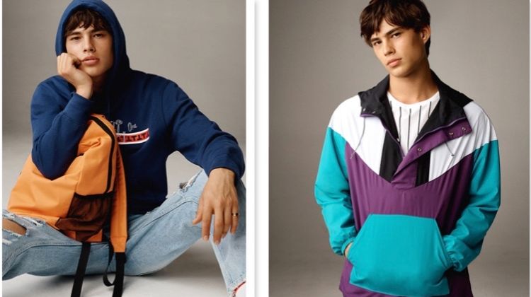Pictured right, Louis Baines rocks a Topman color blocked windbreaker with a striped tee.