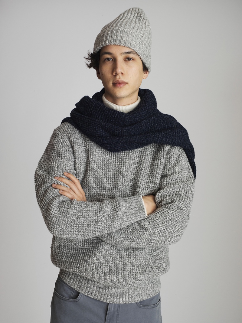 Benjamin Bernadet layers in sweaters from UNIQLO's fall-winter 2018 collection.