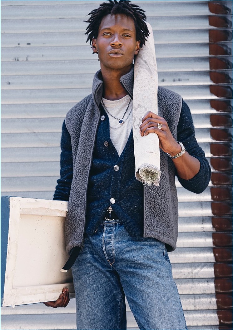 Adonis Bosso layers in a Todd Snyder marled cardigan and Polartec sherpa vest.