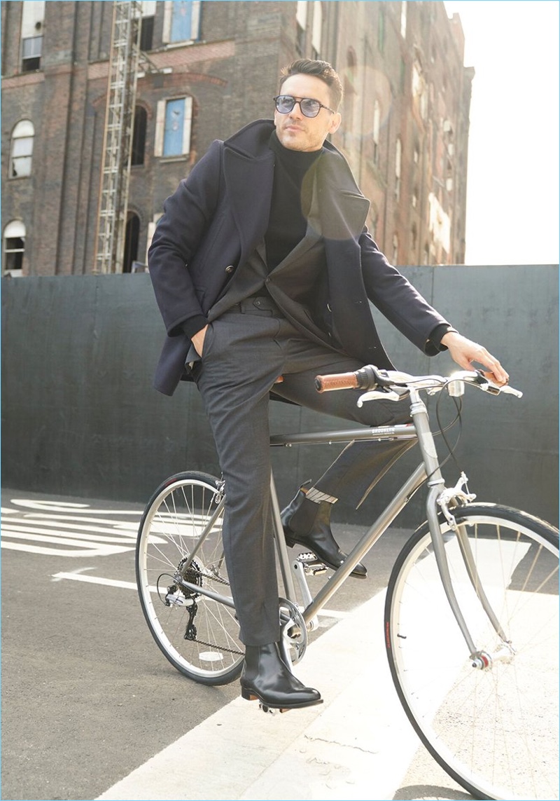 Stepping out, Arthur Kulkov wears a Todd Snyder + Private White Manchester wool peacoat with a Sutton stretch tropical wool suit.