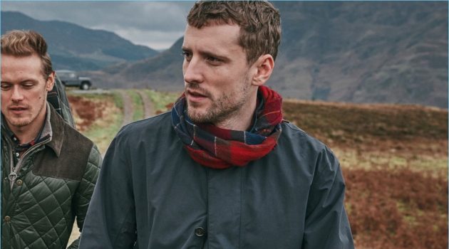 Sam Heughan & George Barnett Don Barbour Fall '18 Tartan Collection Sam Heughan and George Barnett wear pieces from Barbour's fall-winter 2018 tartan collection.
