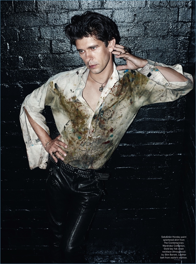 Rocking leather pants, Ben Whishaw wears a Sebastian Horsley paint splattered shirt from The Contemporary Wardrobe Collection.