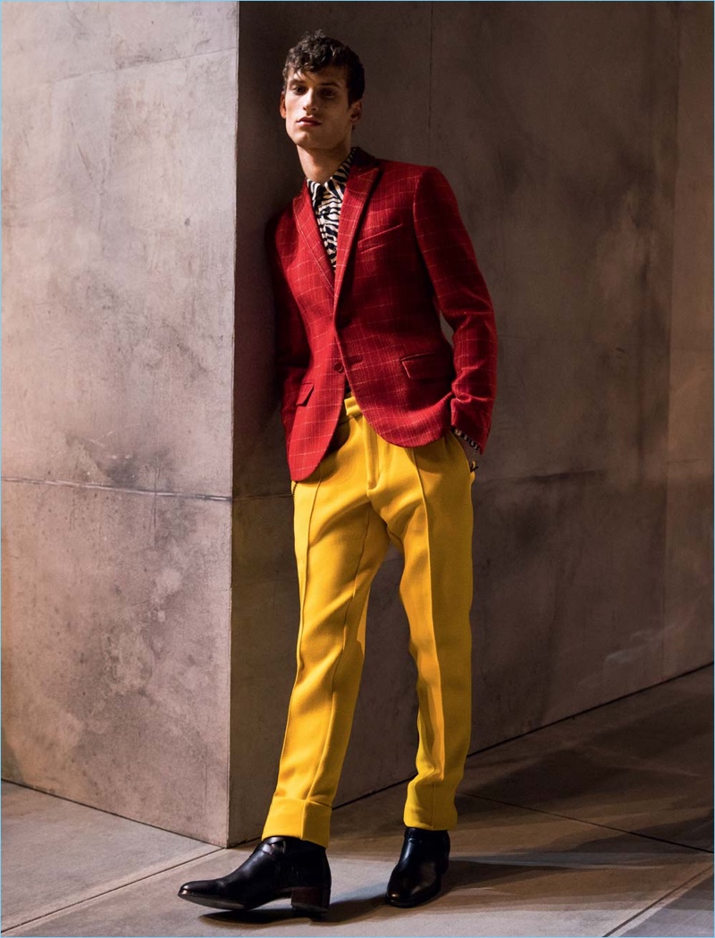 David Trulik sports colorful suiting separates from Bottega Veneta's fall-winter 2018 collection.