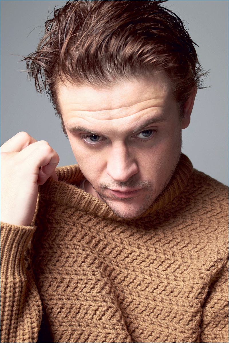 Actor Boyd Holbrook dons a Mr P. sweater from Mr Porter.