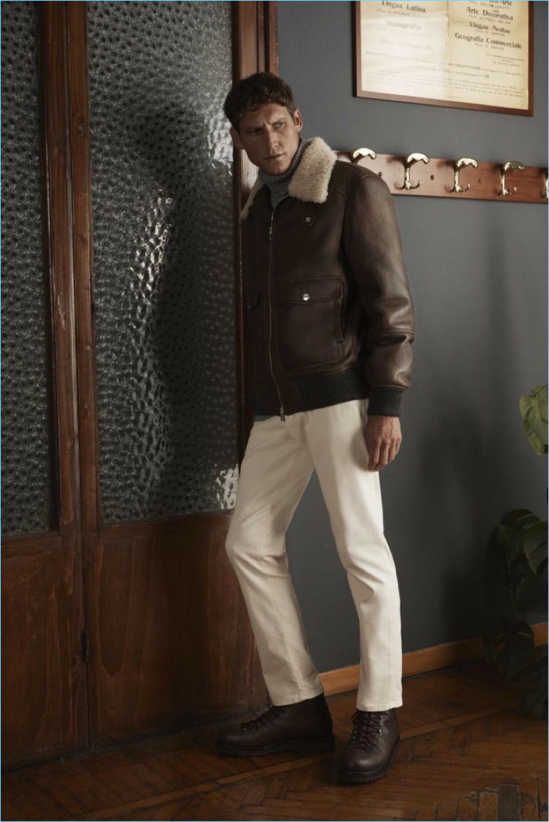 Roch Barbot sports a shearling aviator jacket and jeans from Brunello Cucinelli's exclusive Mr Porter collection.