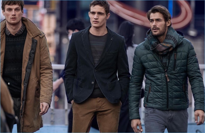 Models Max Bender, Julian Schneyder, and Jacey Elthalion star in Camel Active's fall-winter 2018 campaign.
