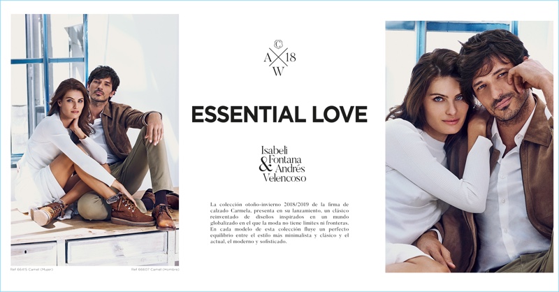 Models Isabeli Fontana and Andres Velencoso reunites for Carmela Shoes' fall-winter 2018 campaign.