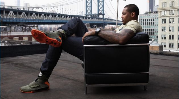 Carmelo Anthony + Rag & Bone Collaborate with Jordan Brand Carmelo Anthony wears the Carmelo Anthony x Rag & Bone AJXX sneaker, which features reflective materials.