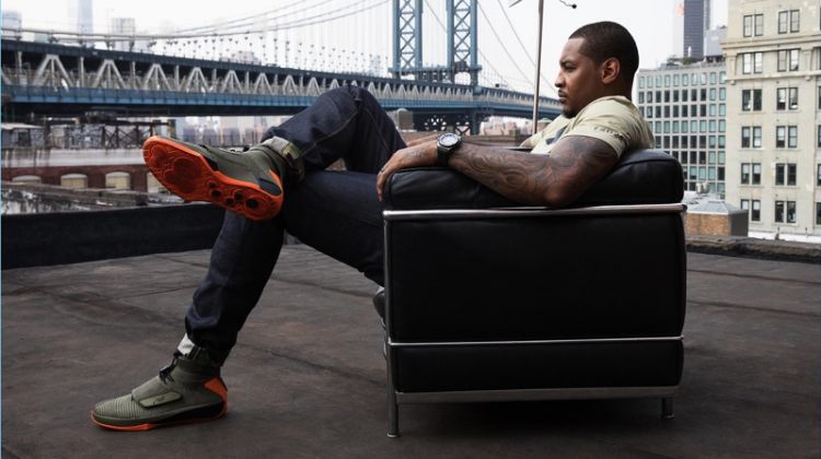 Carmelo Anthony wears the Carmelo Anthony x Rag & Bone AJXX sneaker, which features reflective materials.
