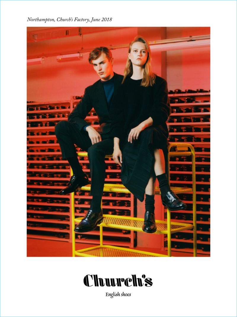 Models Kit Butler and Julie Hoomans star in Church's fall-winter 2018 campaign.