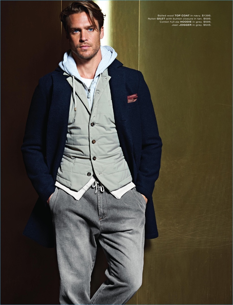 Layering for fall, Jason Morgan wears pieces from Eleventy.