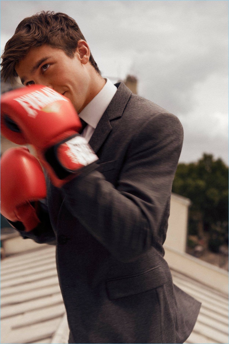 Working on his boxing skills, Alexis Petit stars in Figaret Paris' fall-winter 2018 campaign.