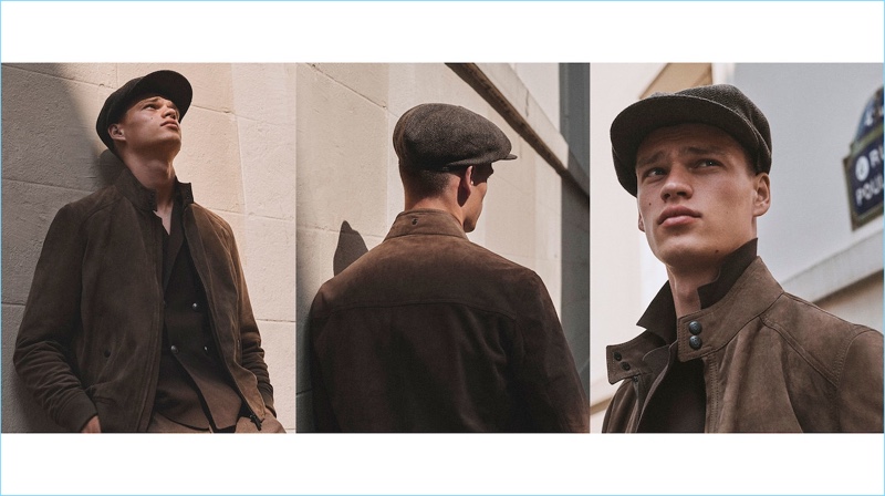 Model Filip Hrivnak dons a flat cap and suede jacket from Massimo Dutti.