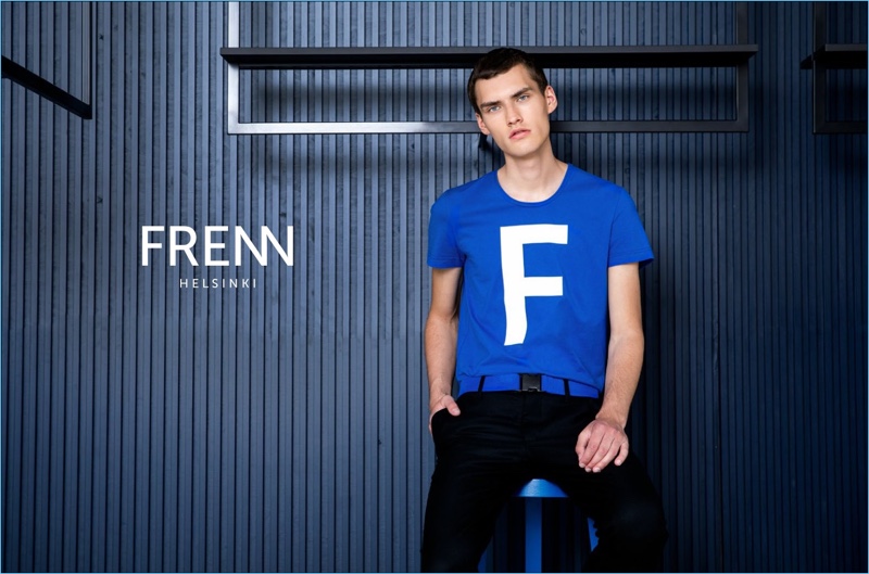 Sporting a logo tee, Mikael Johannes stars in Frenn's spring-summer 2019 lookbook.