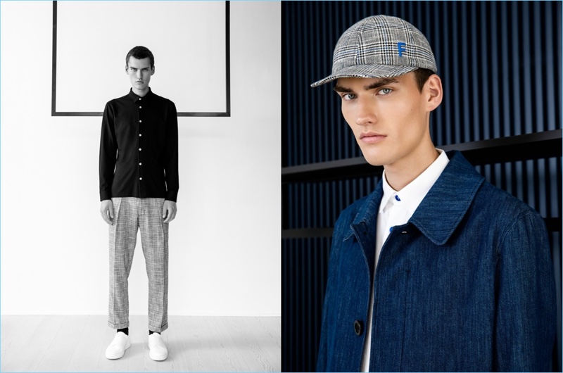 Mikael Johannes sports key essentials such as a denim coat from Frenn.