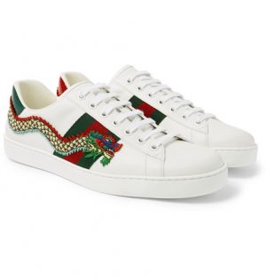 Gucci - Ace Watersnake-Trimmed Embellished Leather Sneakers - White Gucci - Ace Watersnake-Trimmed Embellished Leather Sneakers - White